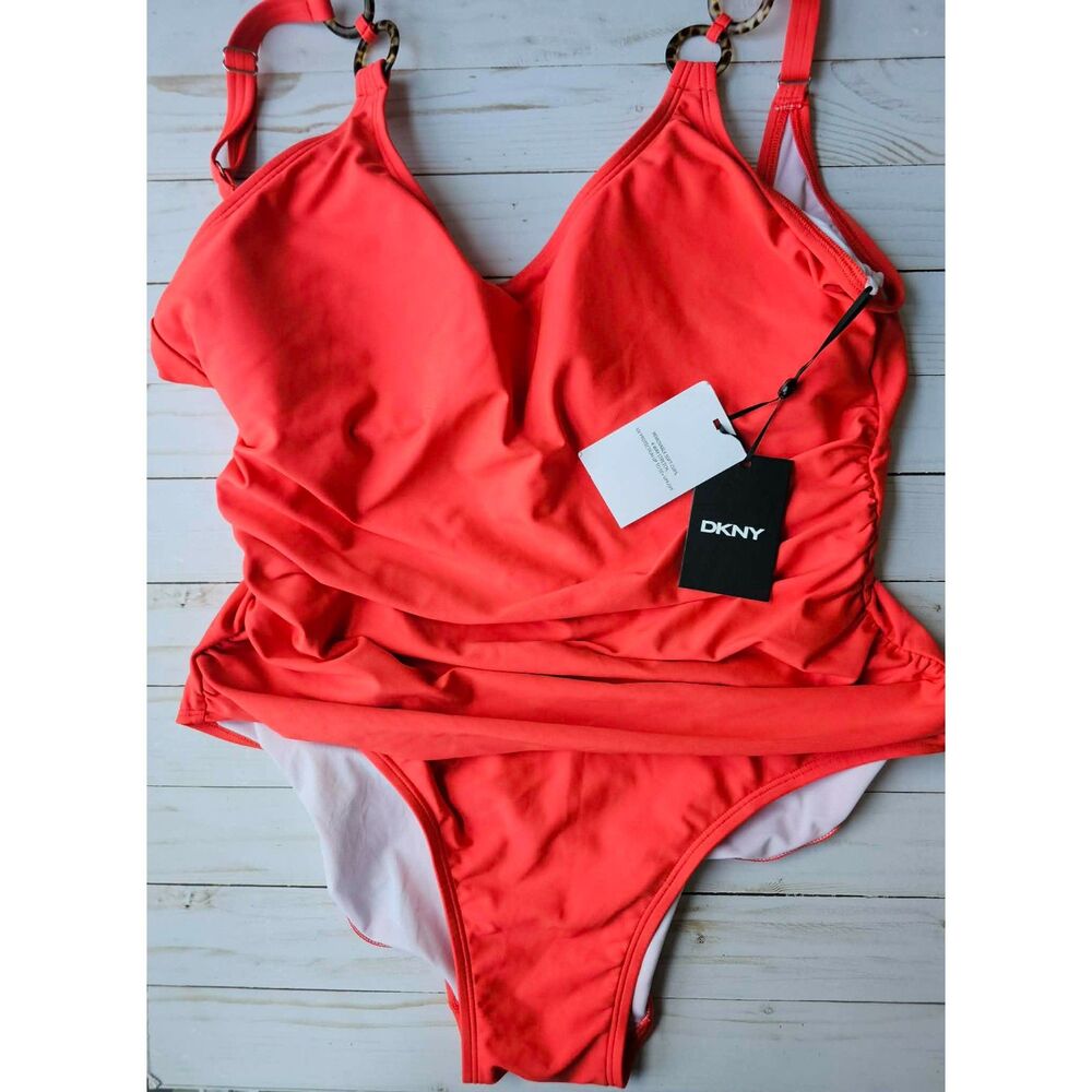 DKNY Women’s 18 NWT Coral One Piece Swimsuit Tortoise Ring Detail Swimwear